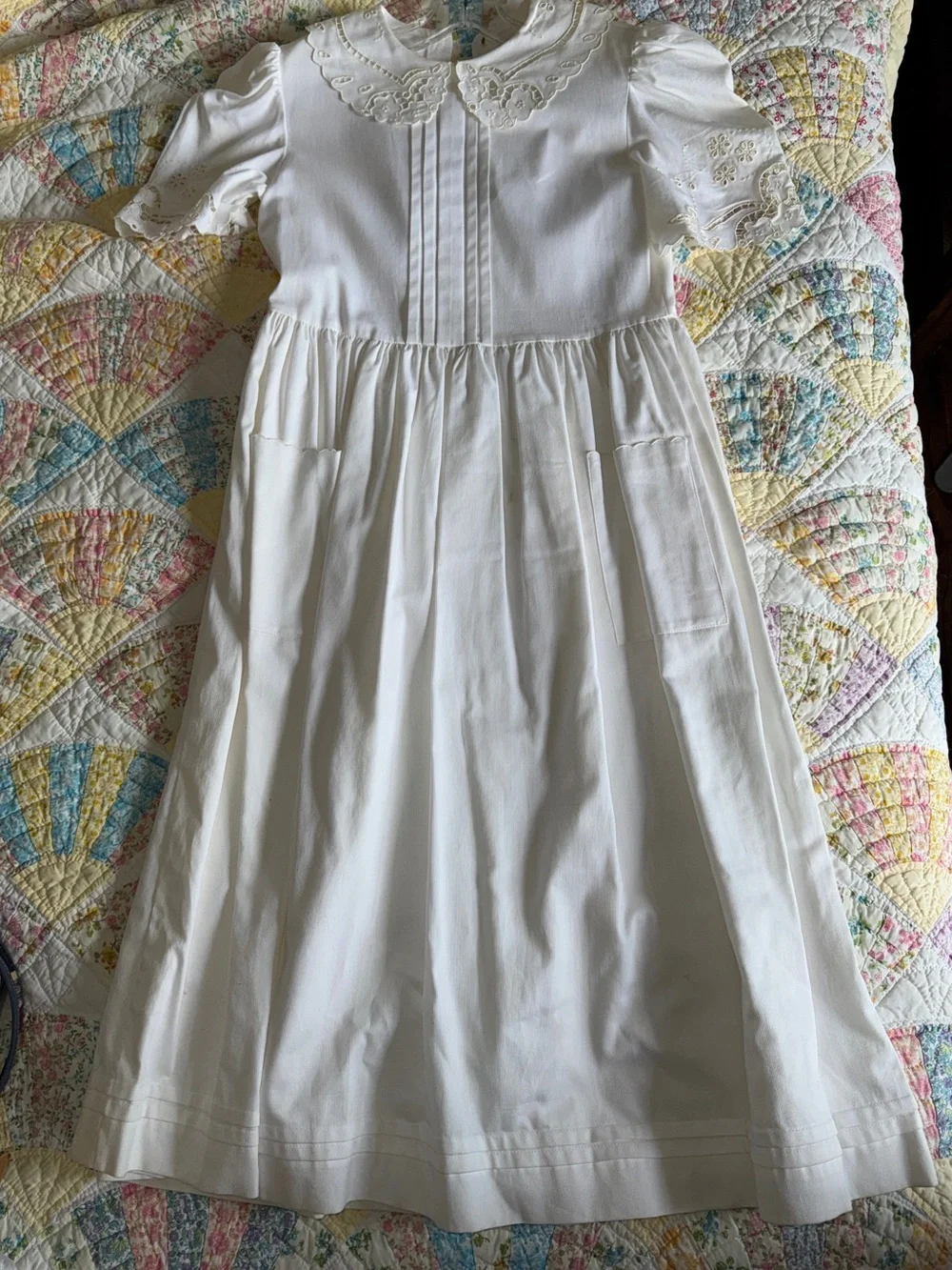 Girls' Cream Embroidered Peter Pan Collar Dress
